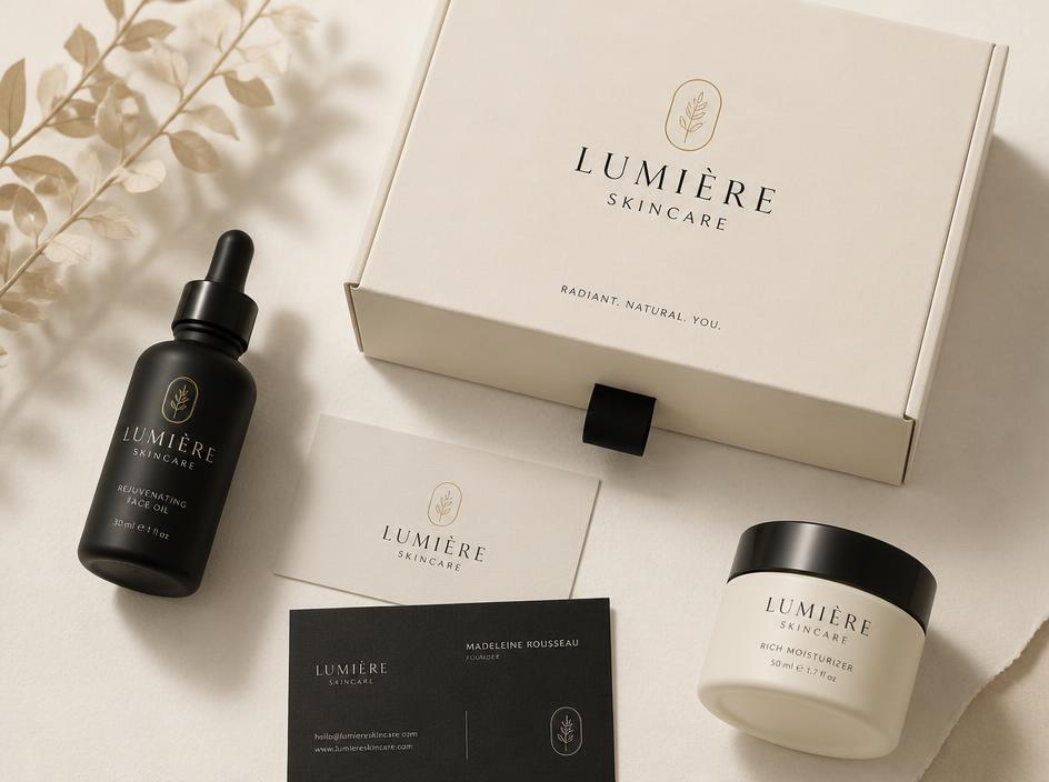 Aurelia Skincare brand identity mockup with packaging and business cards