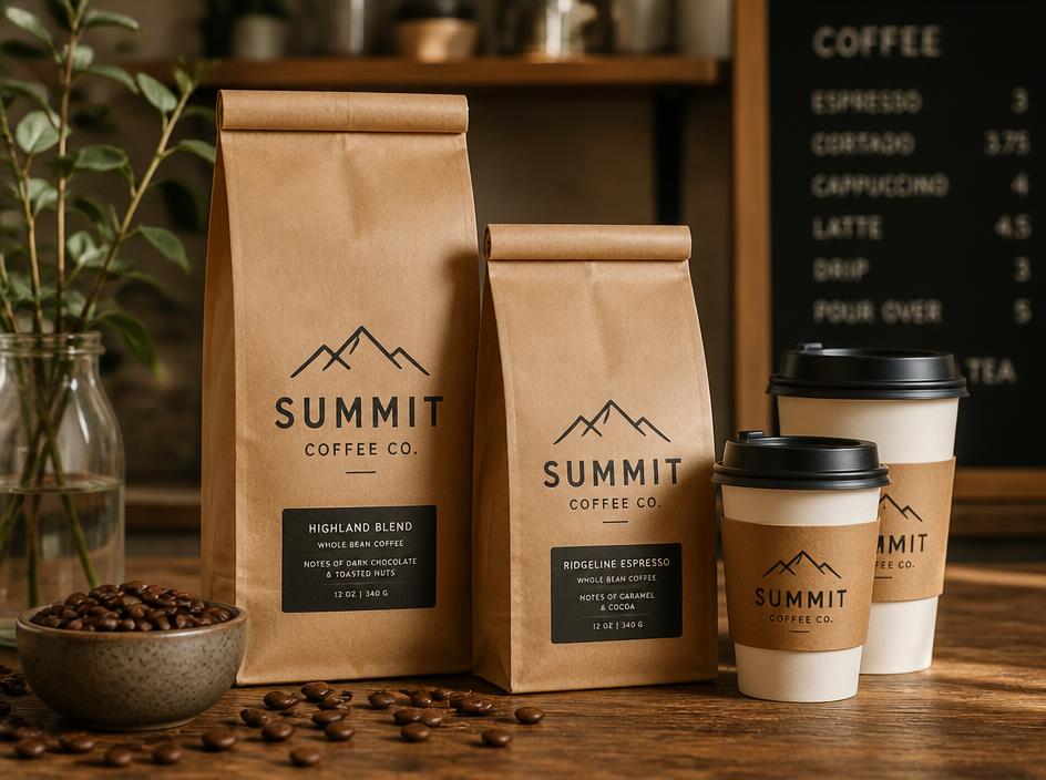 Fermé Coffee packaging mockup with kraft bags and cups