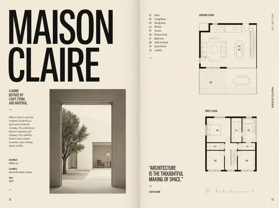 Monolith Architecture editorial spread with floor plans and typography